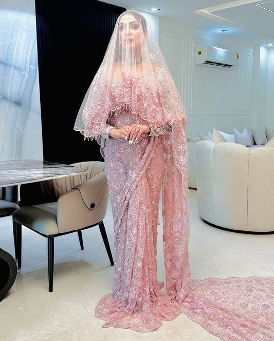 Embrace tradition modern Pink Butterfly Net Saree