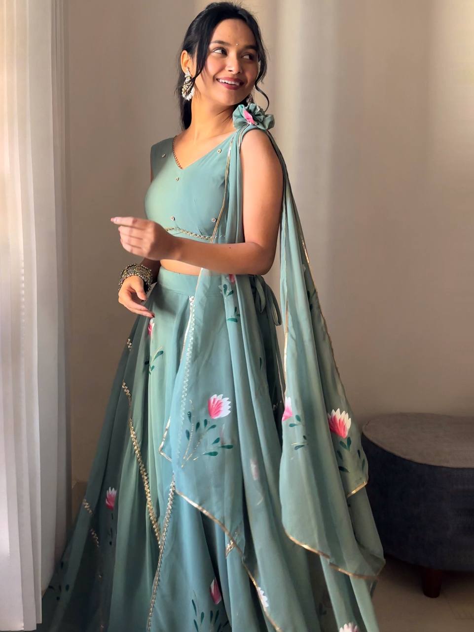 Premium Georgette Hand-Painted Lehenga Set