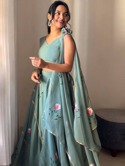 Premium Georgette Hand-Painted Lehenga Set