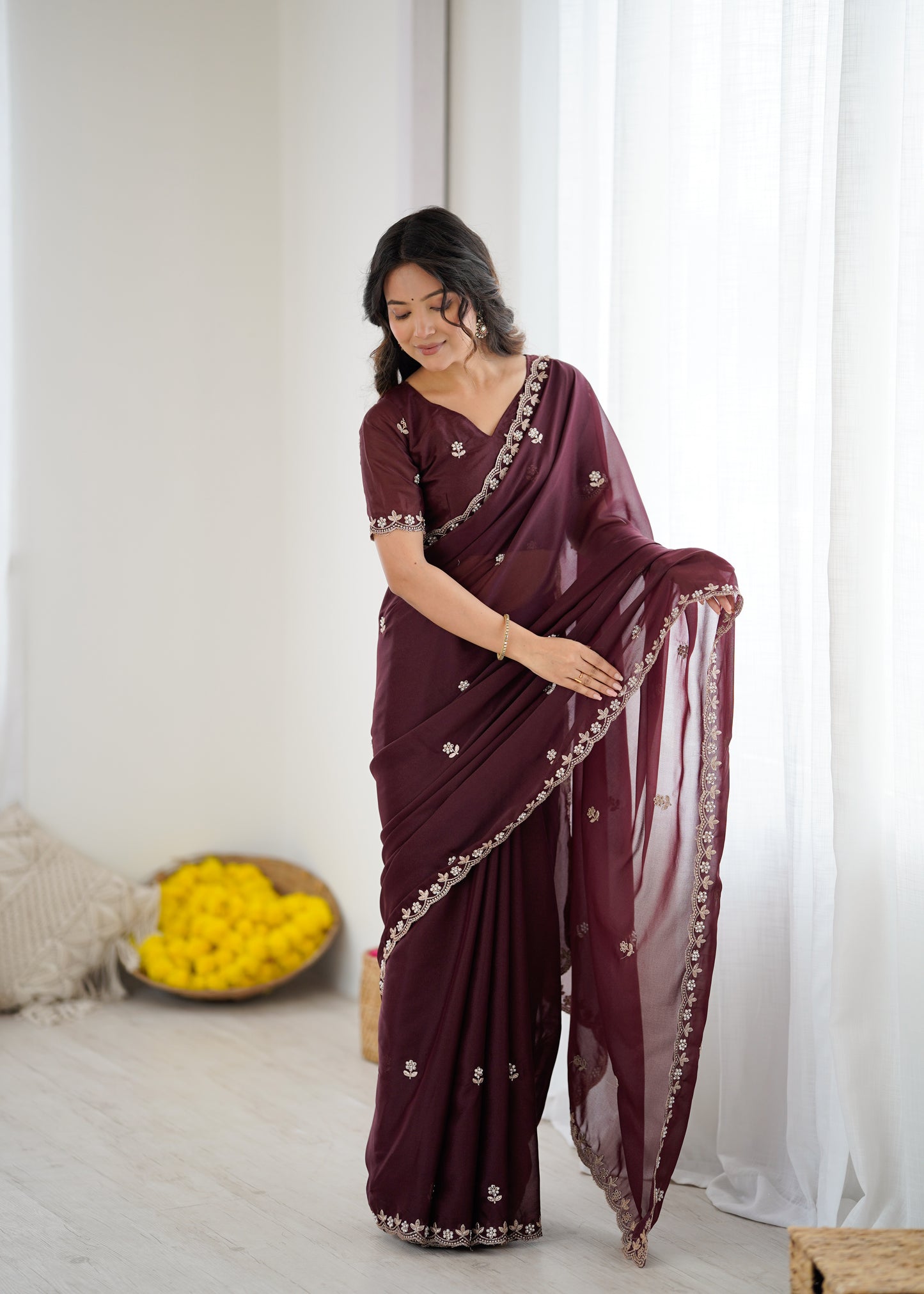 Georgette Silk Saree with Embroidery & Moti Work