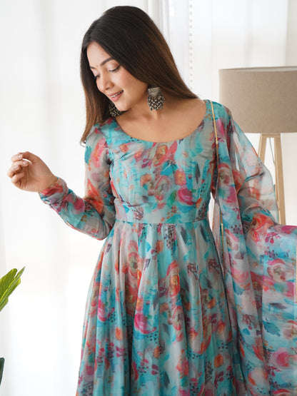 TABBY ORGANJA SILK FLAIR KALI PATTERN ANARKALLI SET