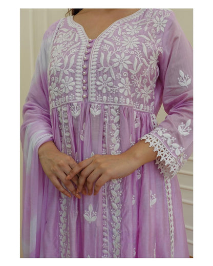CHIKANKARI REYON COTTON KURTA SET WITH NAZEEN DYE DUPATTA