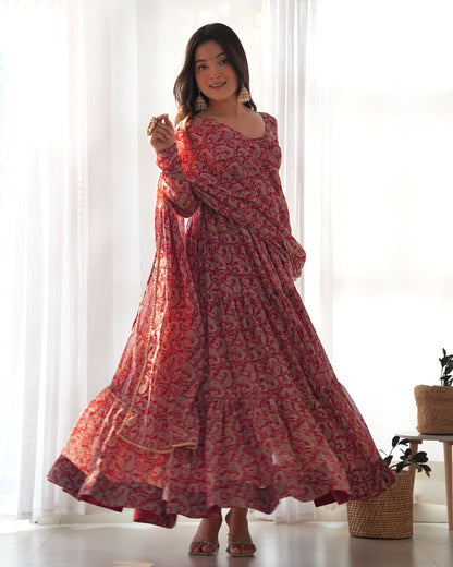 RED KALAMKARI PRINTED ANARKALI SET