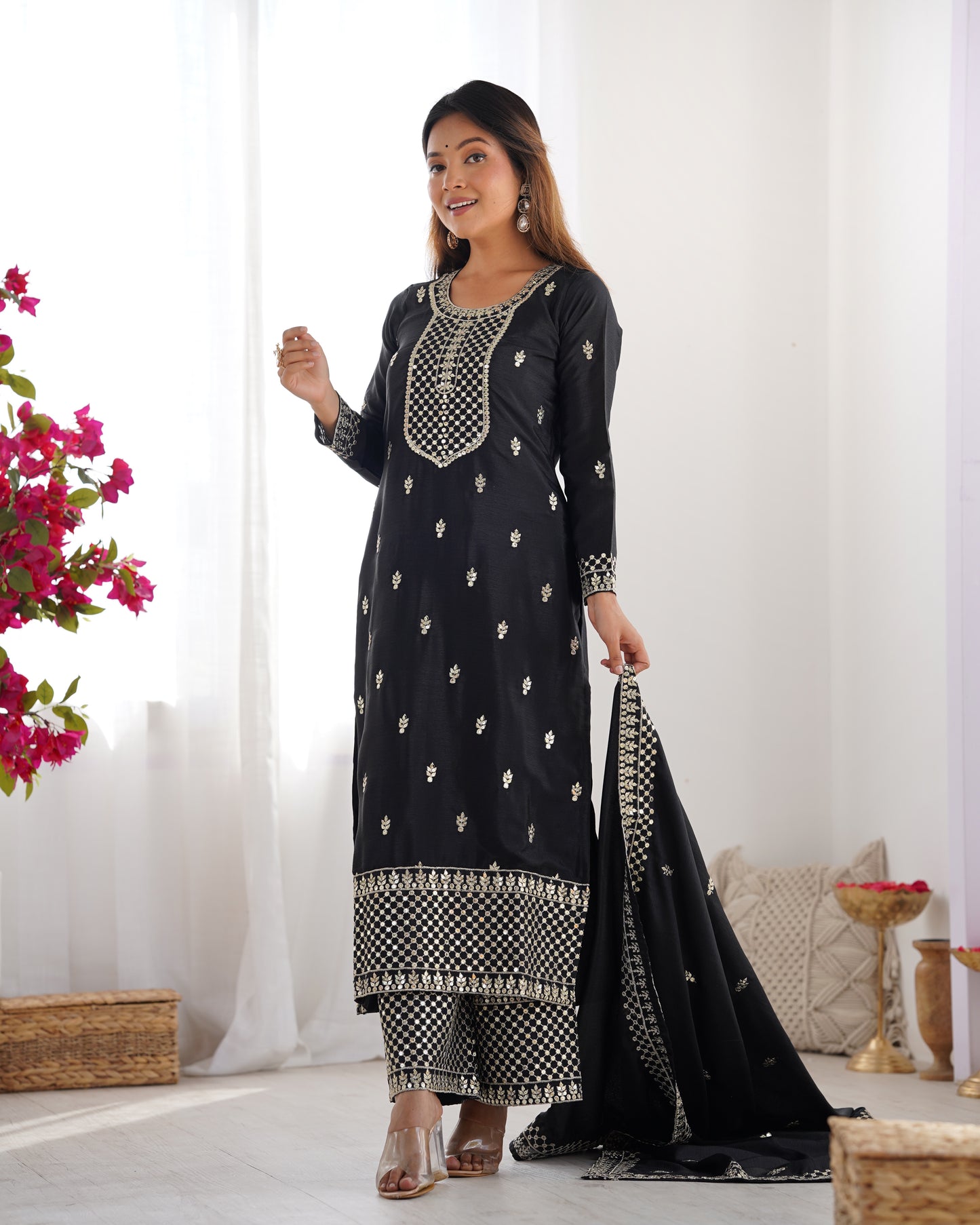 Elegant Pure Chinon Silk Embroidered Kurta Set