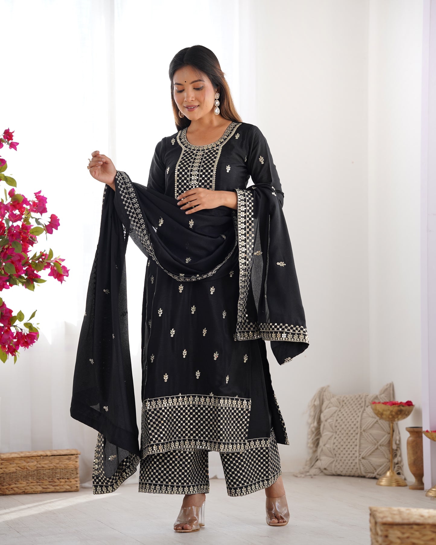 Elegant Pure Chinon Silk Embroidered Kurta Set