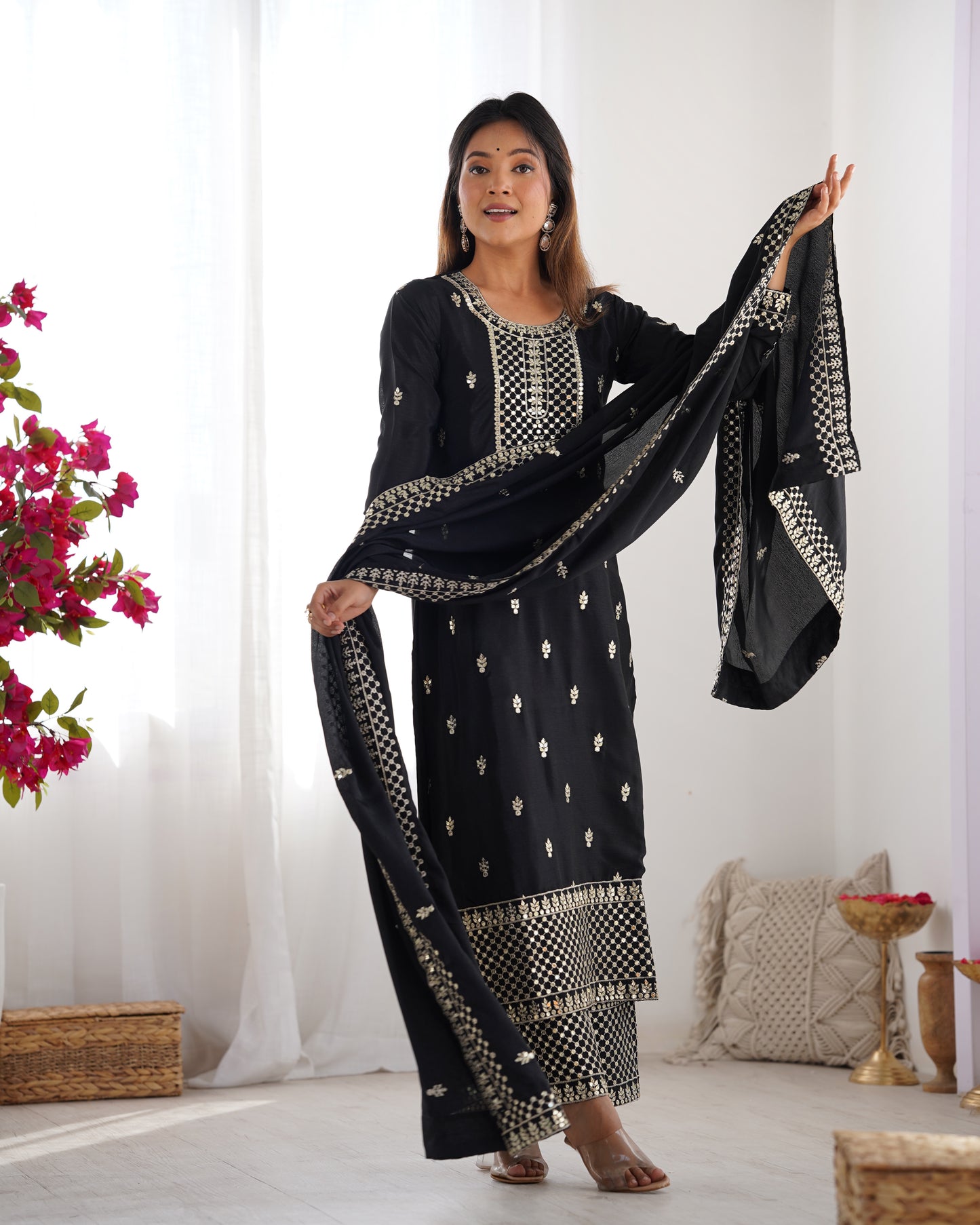 Elegant Pure Chinon Silk Embroidered Kurta Set