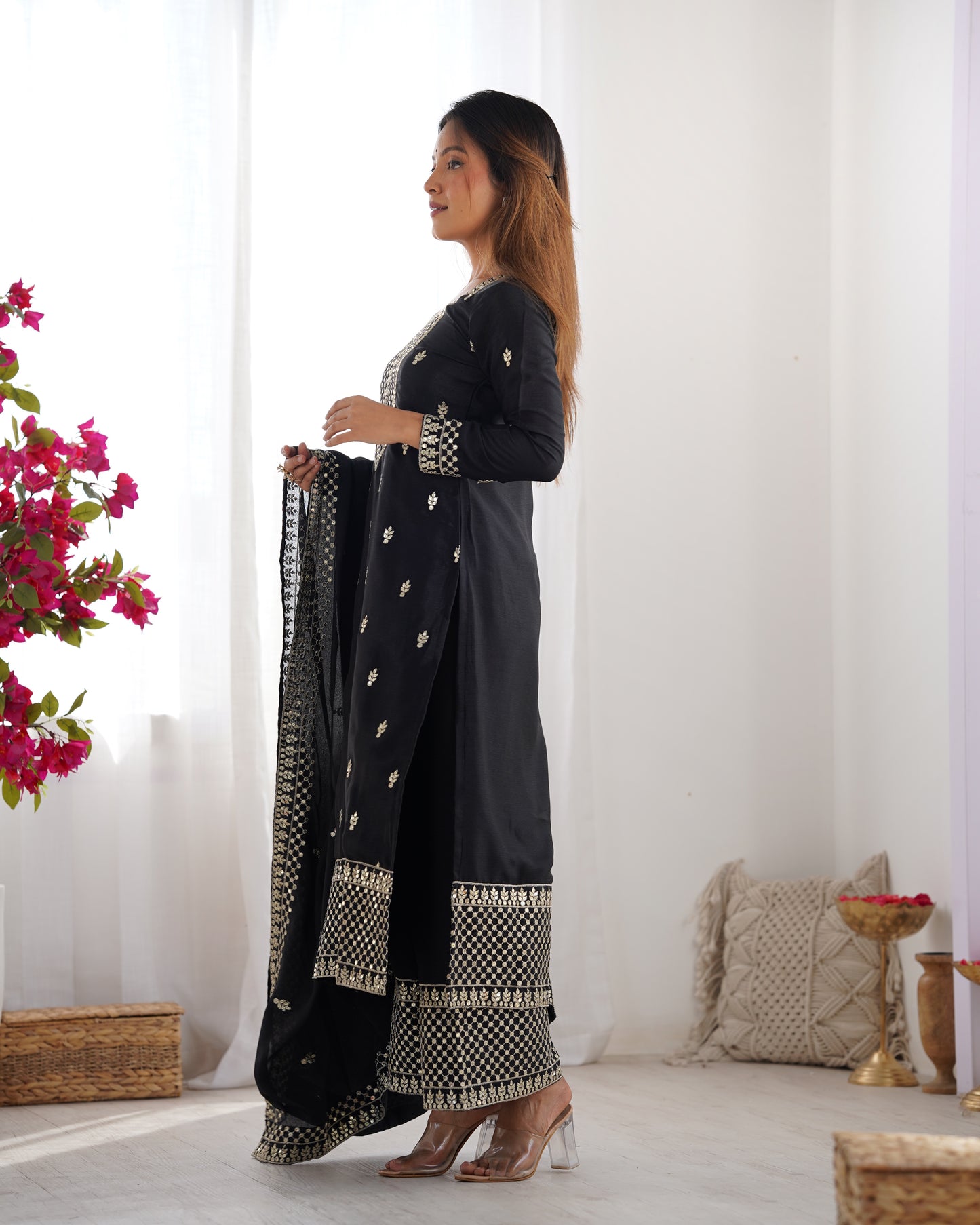 Elegant Pure Chinon Silk Embroidered Kurta Set
