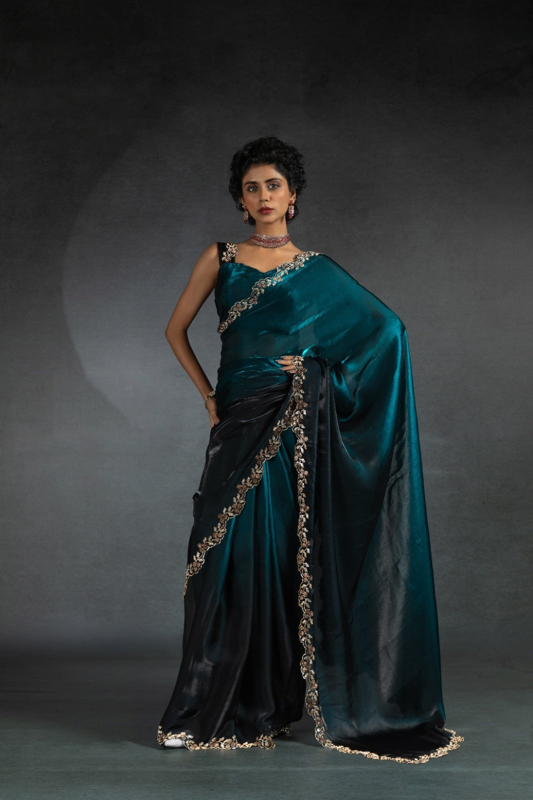 Designer Shaded Pure Space Silk Saree with Diamond Jarkhan Work