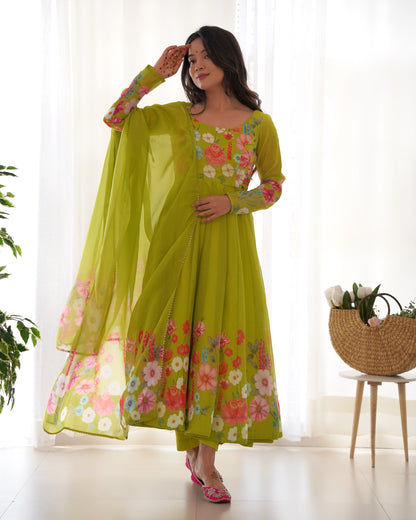 PURE SOFT ORGANJA SILK FABRIC FULLY FLAIR KALI PATTERN ANARKALI SET