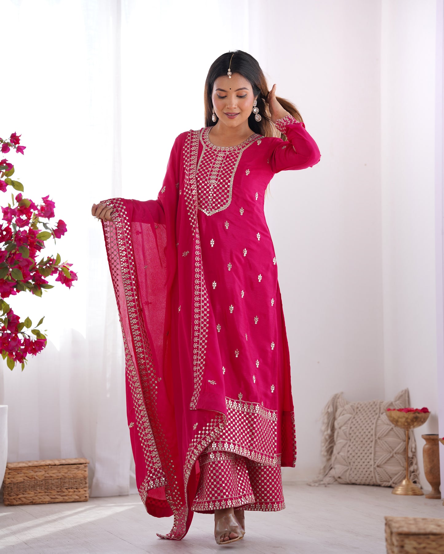 Elegant Pure Chinon Silk Embroidered Kurta Set
