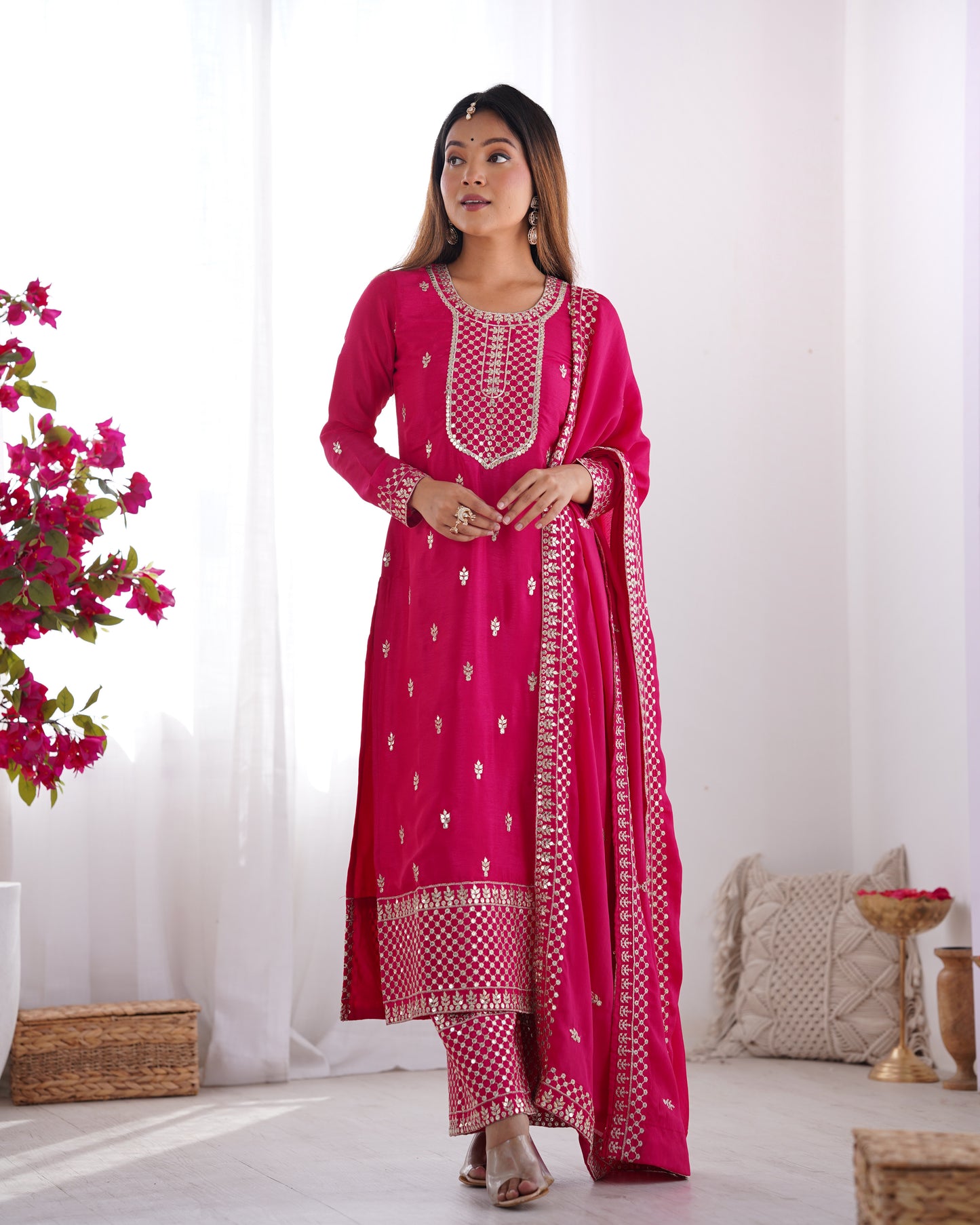 Elegant Pure Chinon Silk Embroidered Kurta Set