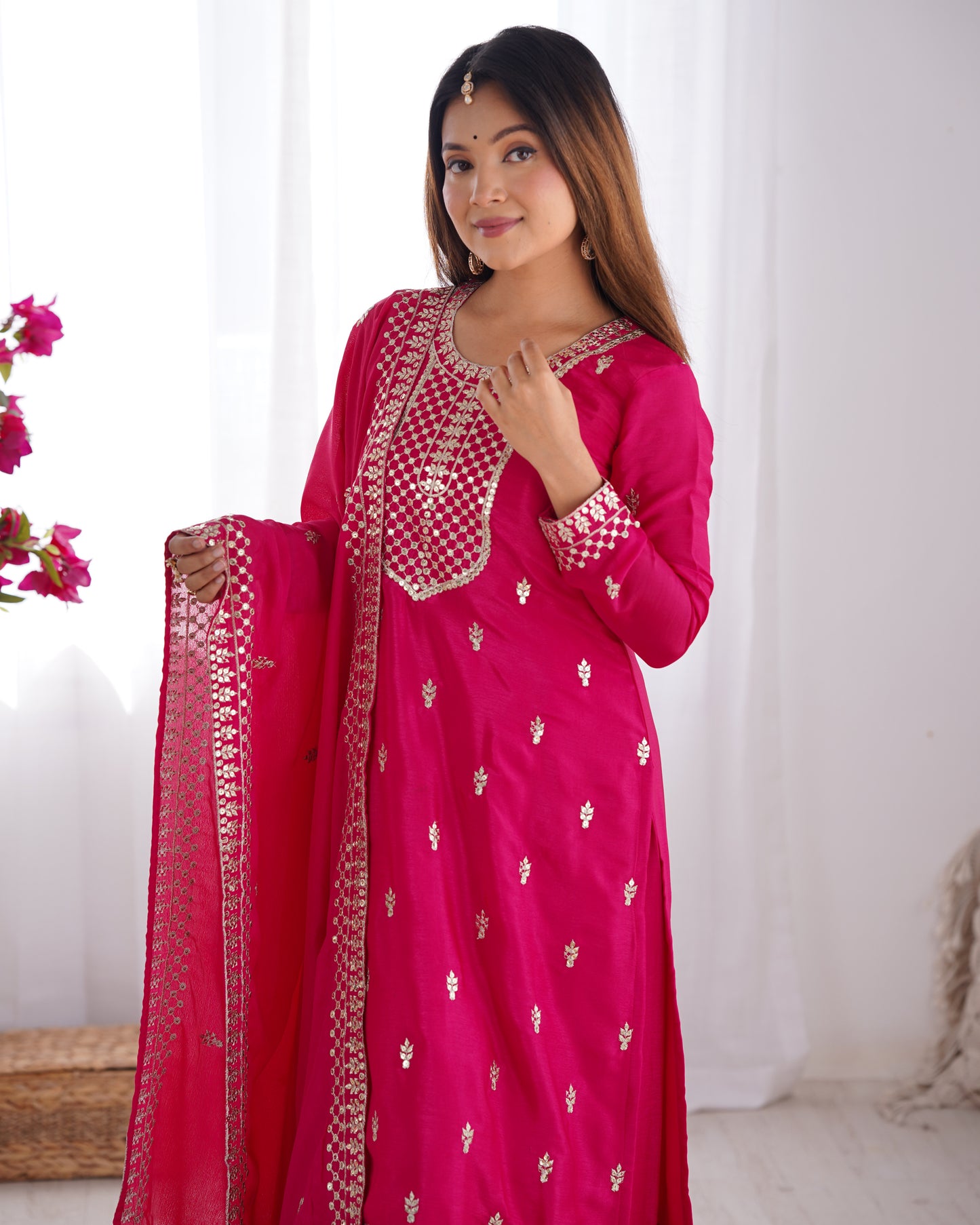Elegant Pure Chinon Silk Embroidered Kurta Set