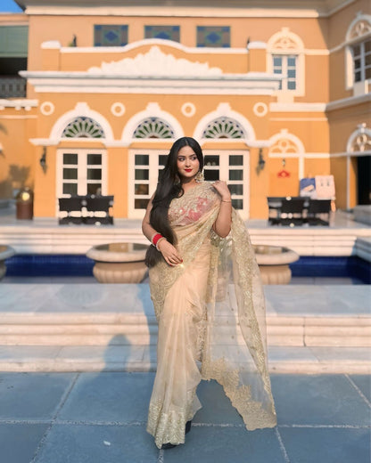 Georgeuse Gold Soft Nylon Designer Organza Saree