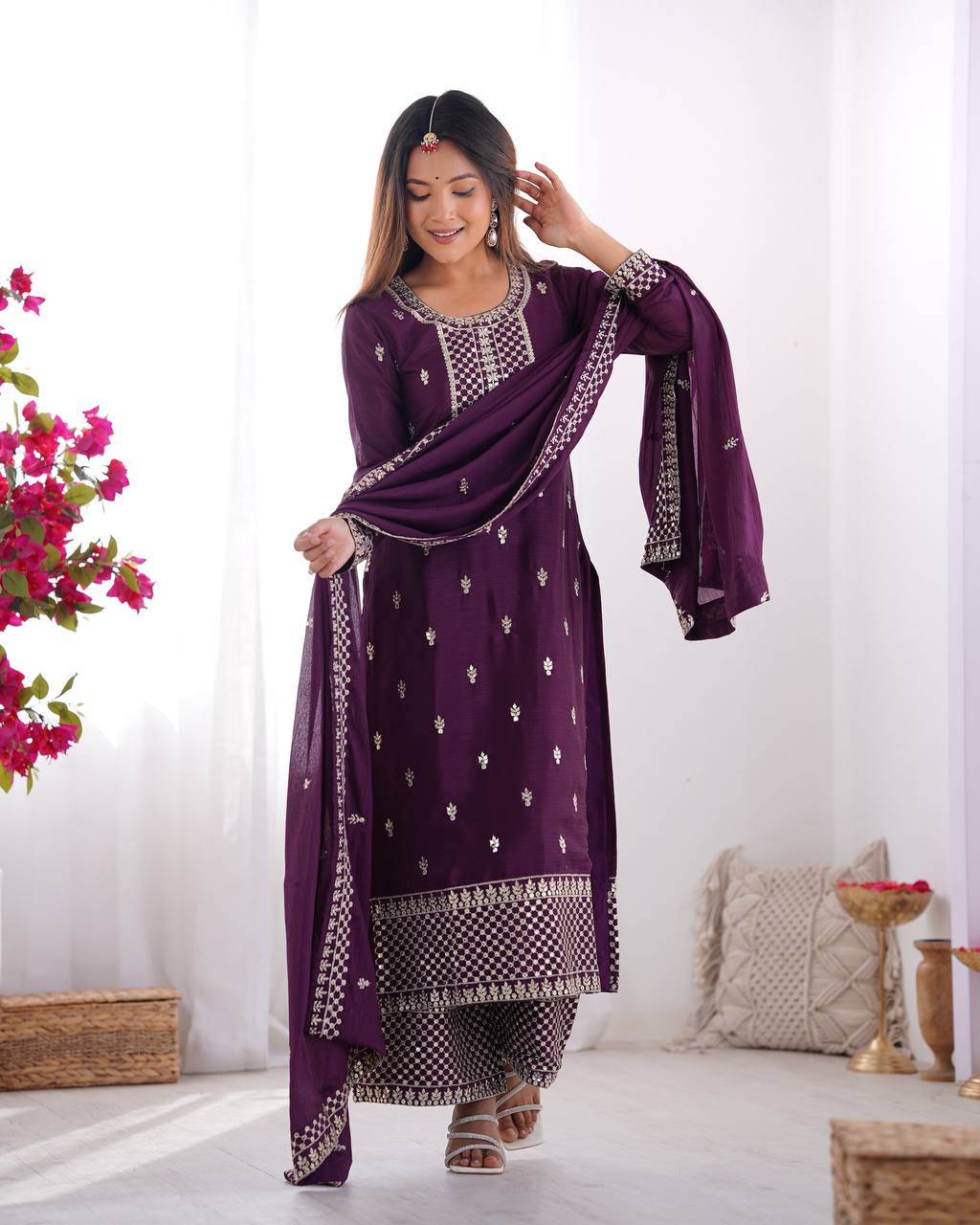Elegant Pure Chinon Silk Embroidered Kurta Set