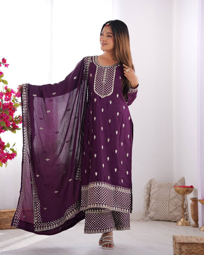 Elegant Pure Chinon Silk Embroidered Kurta Set