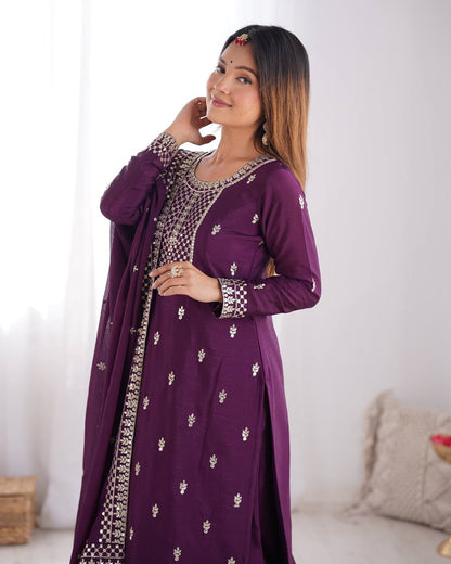 Elegant Pure Chinon Silk Embroidered Kurta Set