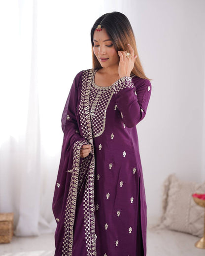 Elegant Pure Chinon Silk Embroidered Kurta Set