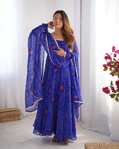 Designer Pure Soft Lightweight Chiffon Bandhej Anarkali Gown Set