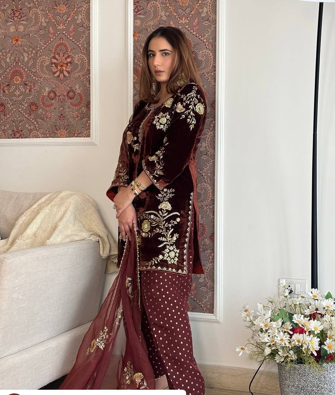 Premium Velvet Sequence Embroidered Suit Set