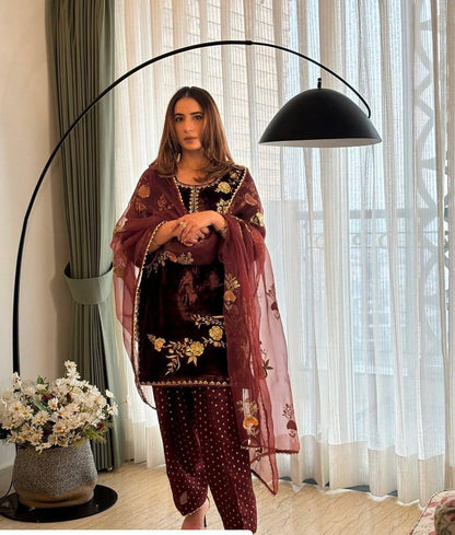 Premium Velvet Sequence Embroidered Suit Set