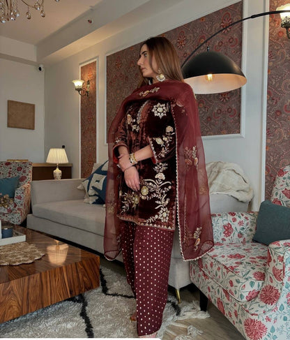 Premium Velvet Sequence Embroidered Suit Set