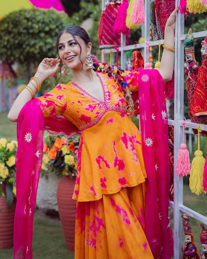 Elegant French Crepe Suit Set with Embroidered Print & Organza Dupatta