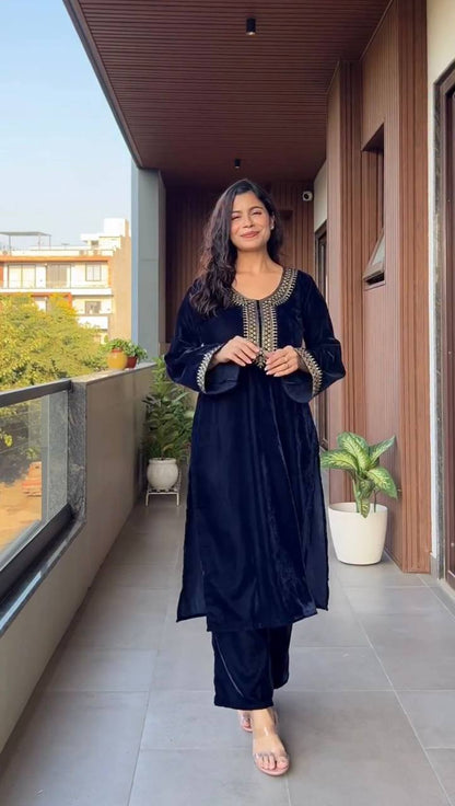 Velvet Sequence Embroidered Suit Set