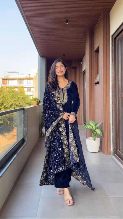 Velvet Sequence Embroidered Suit Set