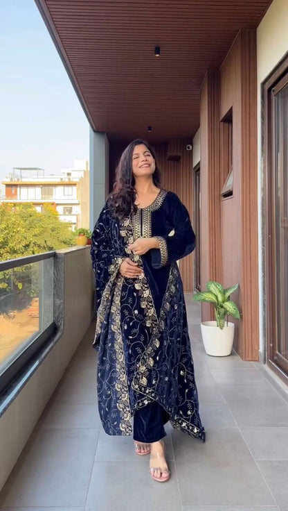 Velvet Sequence Embroidered Suit Set