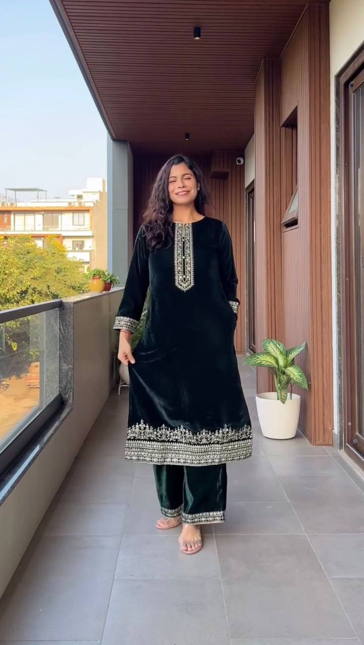 Velvet Sequence Embroidered Suit Set