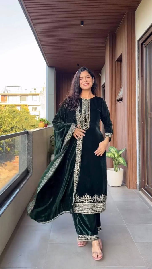 Velvet Sequence Embroidered Suit Set