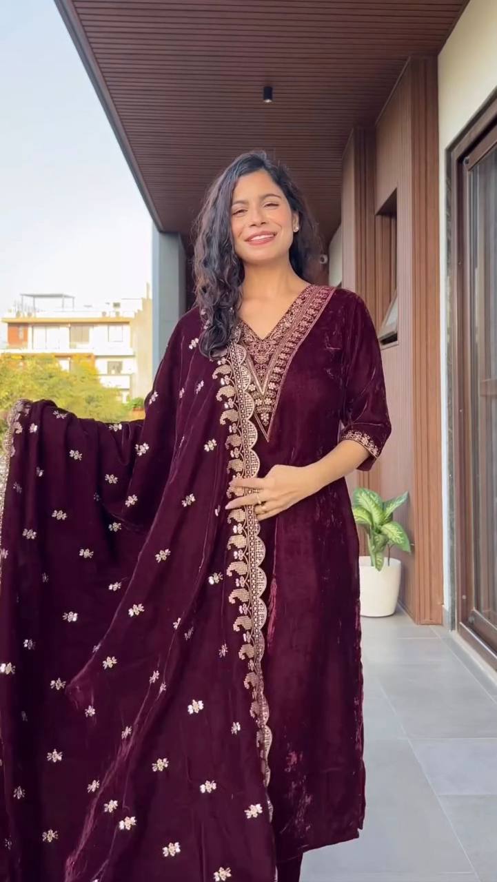 Velvet Sequence Embroidered Suit Set