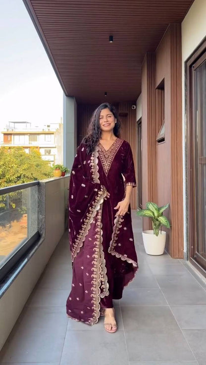 Velvet Sequence Embroidered Suit Set