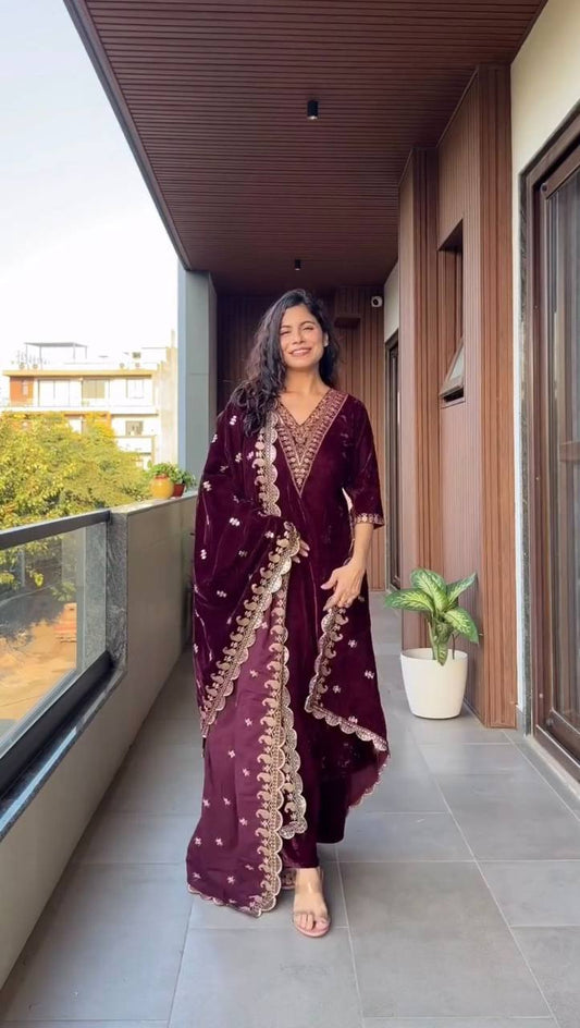 Velvet Sequence Embroidered Suit Set