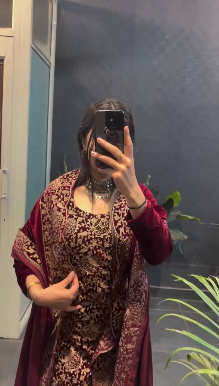 Viscos Velvet Chinestich Embroidered Suit Set