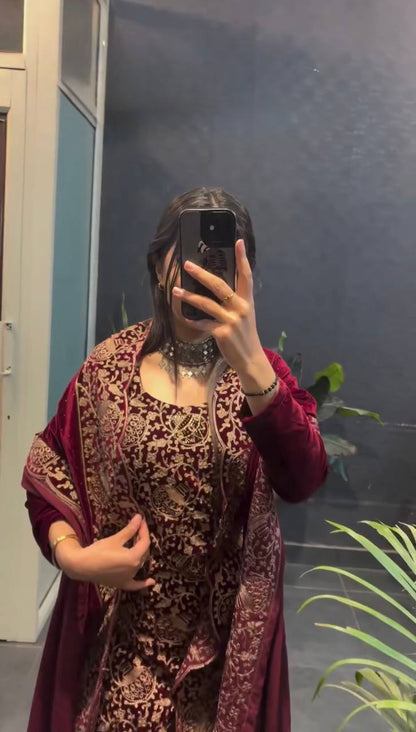 Viscos Velvet Chinestich Embroidered Suit Set