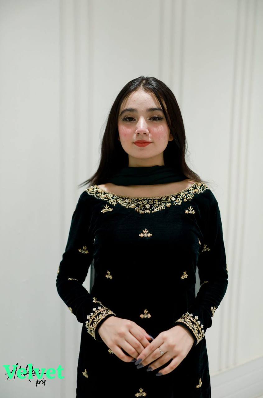 Velvet Sequence Embroidered Suit Set with Georgette Dupatta