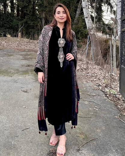 Velvet Sequence Embroidered Suit Set with Ajrakh Dupatta
