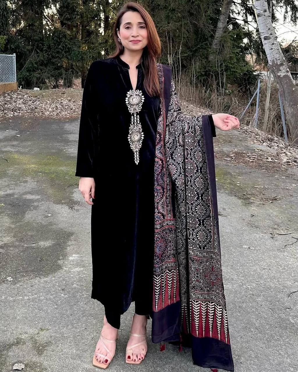 Velvet Sequence Embroidered Suit Set with Ajrakh Dupatta