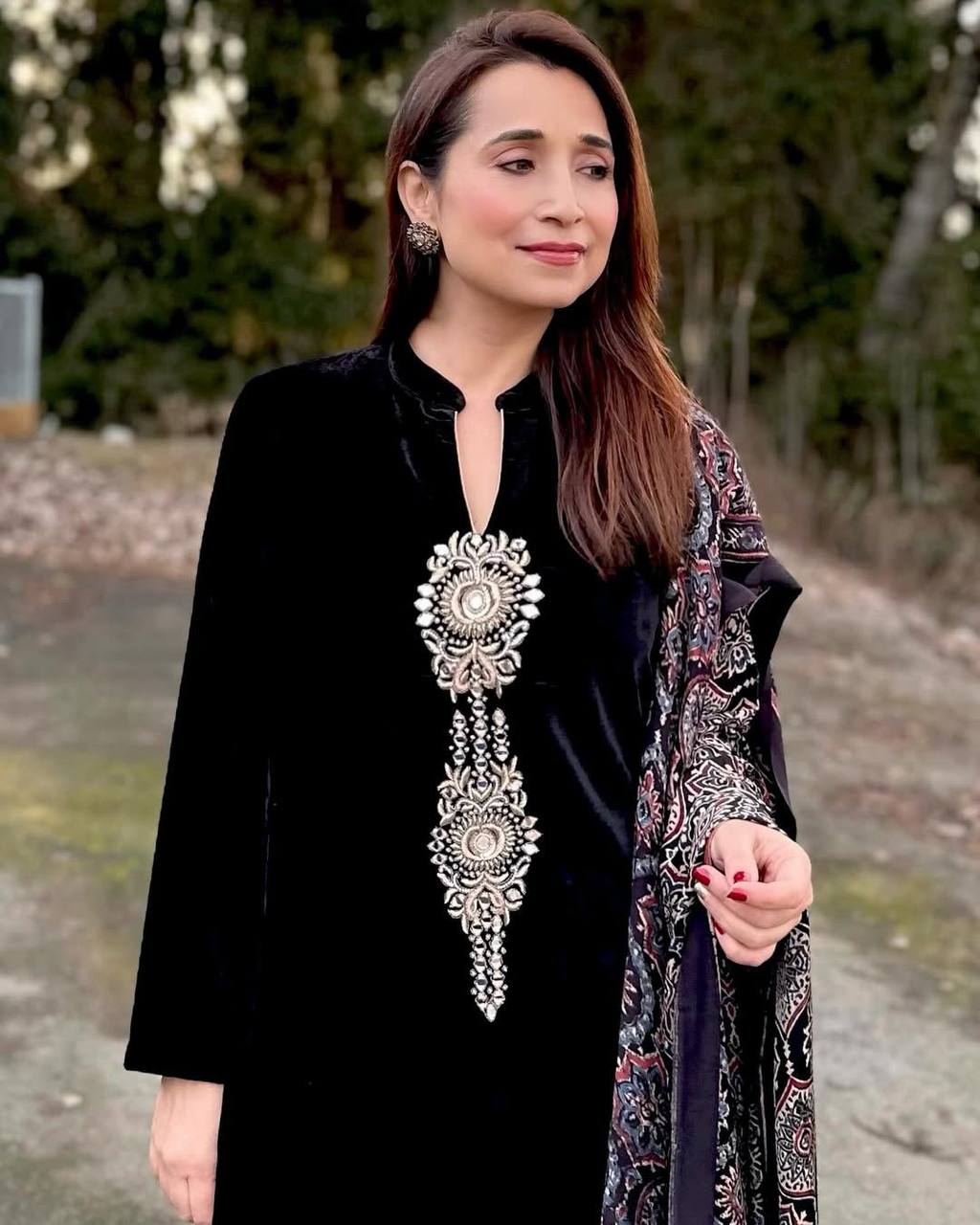 Velvet Sequence Embroidered Suit Set with Ajrakh Dupatta