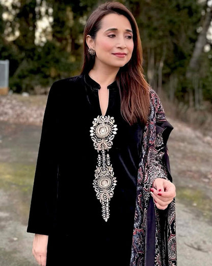 Velvet Sequence Embroidered Suit Set with Ajrakh Dupatta