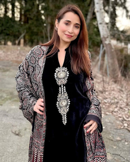 Velvet Sequence Embroidered Suit Set with Ajrakh Dupatta