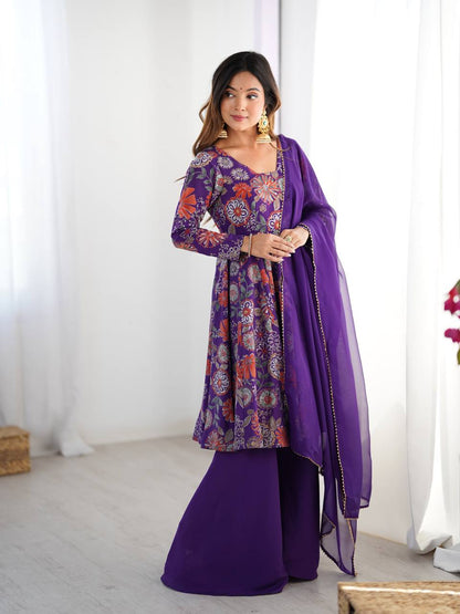 Pure Romansilk Chanderi Printed Kediya Style Kurta Set with Dupatta & Palazzo