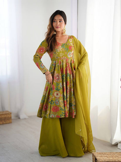 Pure Romansilk Chanderi Printed Kediya Style Kurta Set with Dupatta & Palazzo