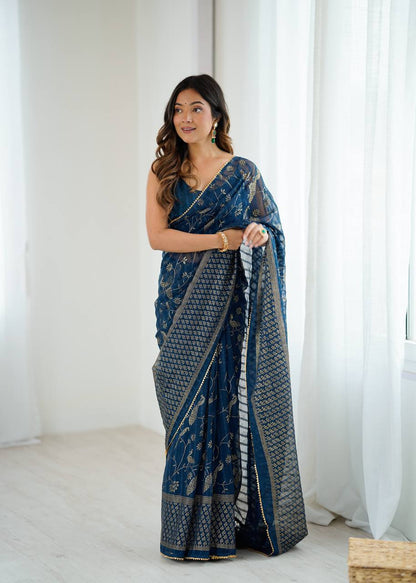 Georgette Silk Plain Saree with Foil Work & Lace