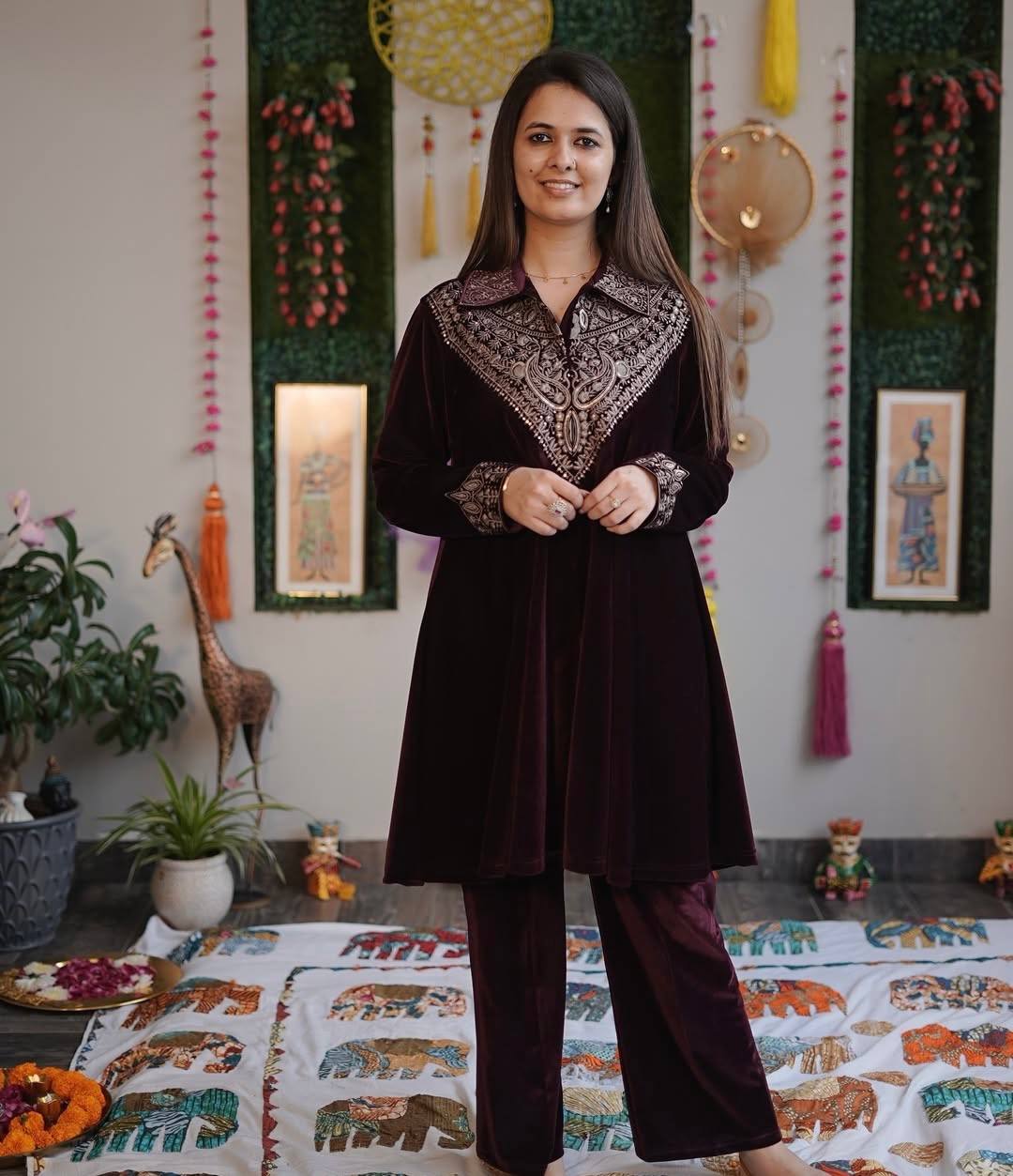 Velvet Sequence Embroidered Suit Set