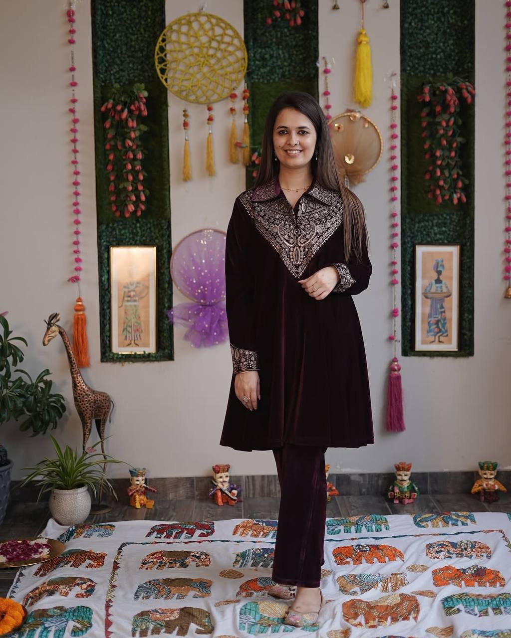 Velvet Sequence Embroidered Suit Set