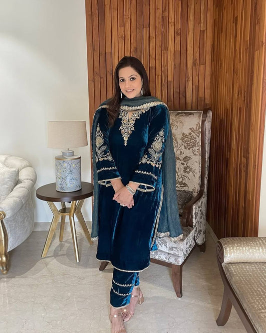 Velvet Cording Sequence Embroidered Suit Set