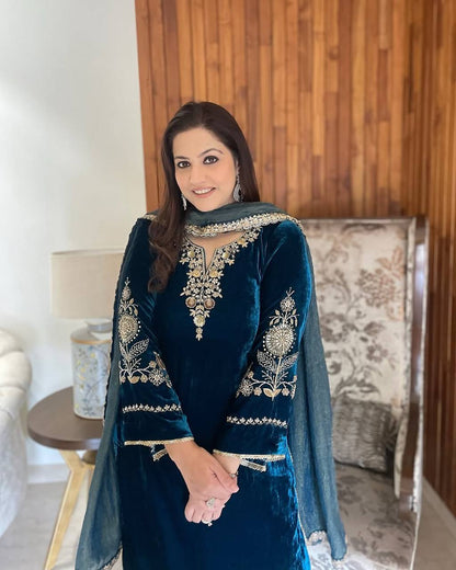 Velvet Cording Sequence Embroidered Suit Set