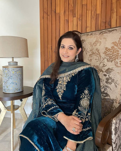 Velvet Cording Sequence Embroidered Suit Set